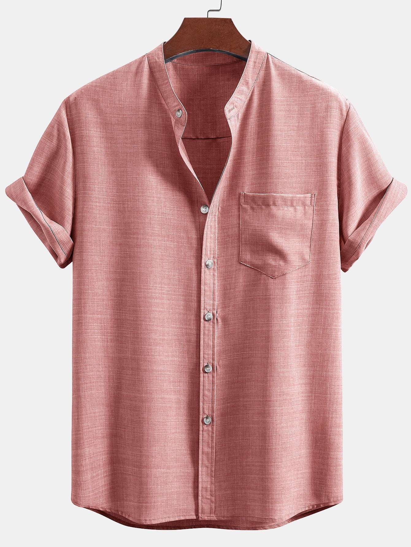 Short Sleeve Stand Collar Shirt & Straight Leg Linen Pants