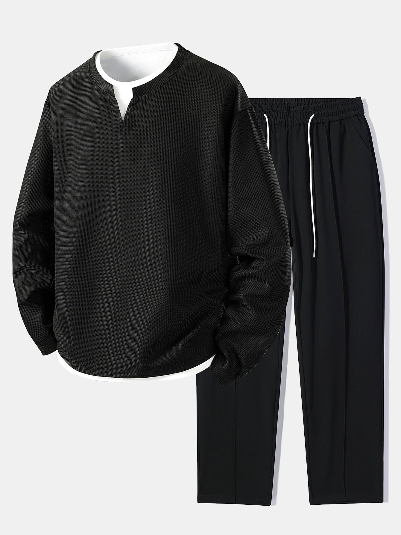 Relax Fit Long Sleeve 2 In 1 Waffle T-Shirt & Single Pleat Drawstring Straight Leg Pants